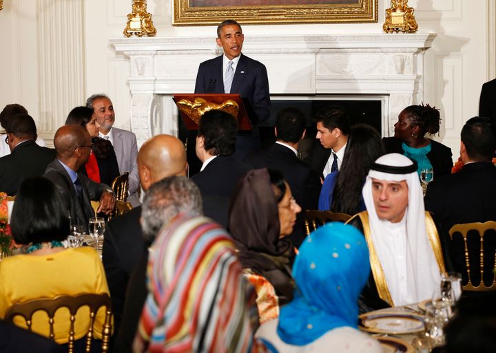 President Barack Obama speaks while hosting an iftar dinner at the White House on July 14, 2014.