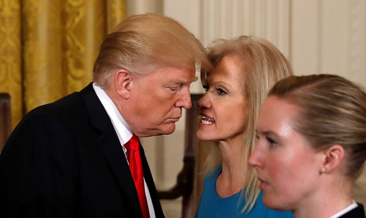 President Donald Trump and adviser Kellyanne Conway. She famously described falsehoods from his White House as “alternative facts.”