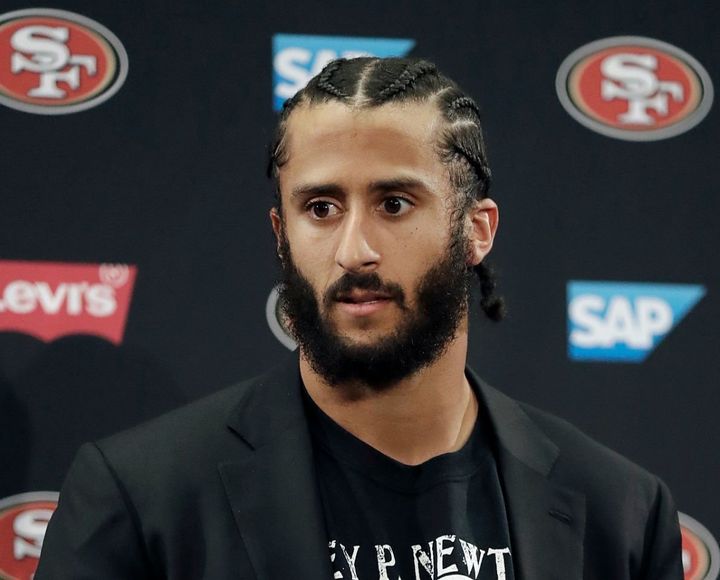This Jan. 1, 2017, file photo shows former 49ers quarterback Colin Kaepernick speaking at a news conference. 