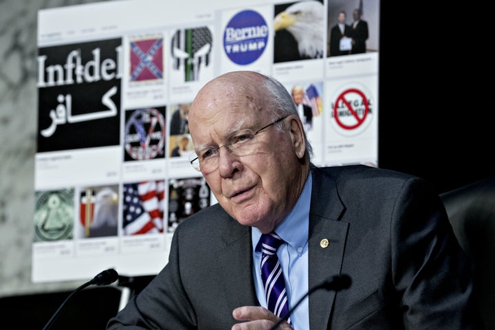 Sen. Pat Leahy (D-Vt.) questions representatives from Facebook, Google and Twitter about advertisements purchased on their pl