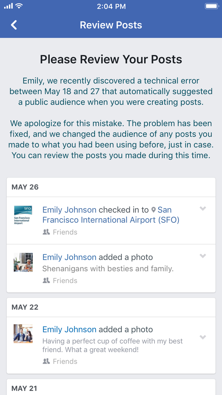 An example of the notification affected users would get from Facebook.