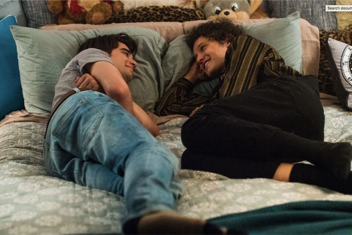Though Alex (Doheny, left) is happily in a relationship with his girlfriend, he finds himself drawn to Elliott (Antonio Marziale), a gay college freshman. 