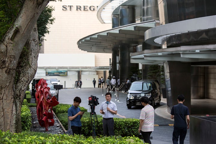 Members of the media outside St. Regis Hotel on June 8, 2018 in Singapore. 
