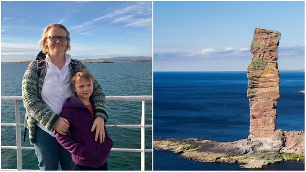 Bekki Christian with her son Edward who is climbing Old Man Of Hoy.