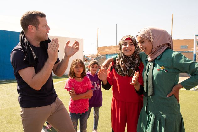 TV and radio presenter Dermot O' Leary visiting Za'atari refugee camp, Jordan