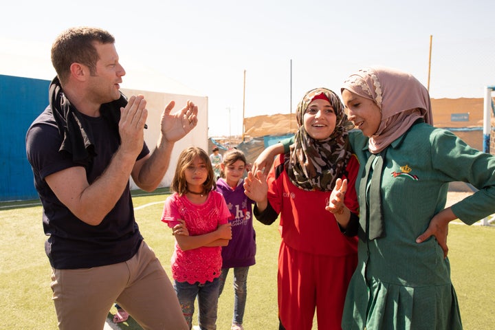 TV and radio presenter Dermot O' Leary visiting Za'atari refugee camp, Jordan