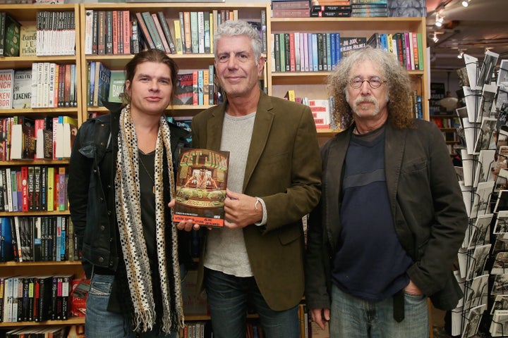 Artist Paul Pope, chef Anthony Bourdain and writer Joel Rose attend the comic book release of "Get Jiro: Blood And Sushi" at BookCourt on Oct. 29, 2015, in New York City.