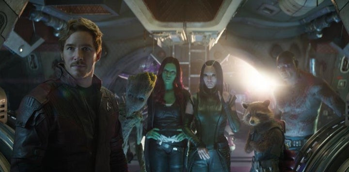 Star-Lord (Chris Pratt), Groot (Vin Diesel), Gamora (Zoe Saldana), Mantis (Pom Klementieff), Rocket (Bradley Cooper) and Drax (Dave Bautista) in "Avengers: Infinity War."