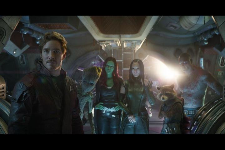 Star-Lord (Chris Pratt), Groot (Vin Diesel), Gamora (Zoe Saldana), Mantis (Pom Klementieff), Rocket (Bradley Cooper) and Drax (Dave Bautista) in