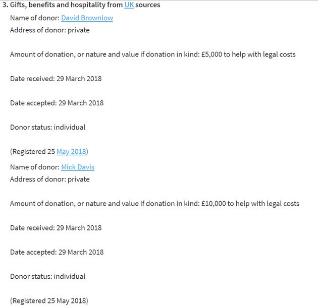 The donations were reported on Bradley's register of interests and labelled as 'help with legal costs' 