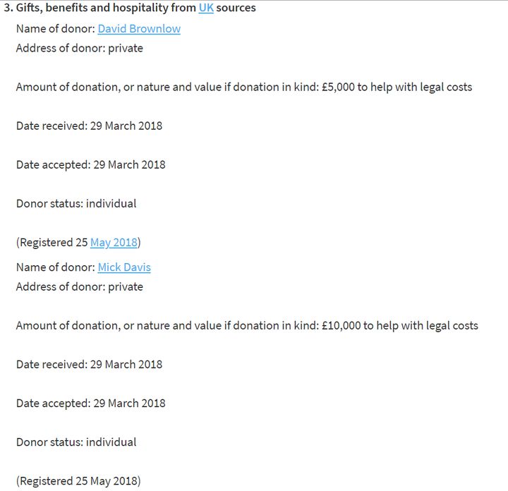 The donations were reported on Bradley's register of interests and labelled as 'help with legal costs' 