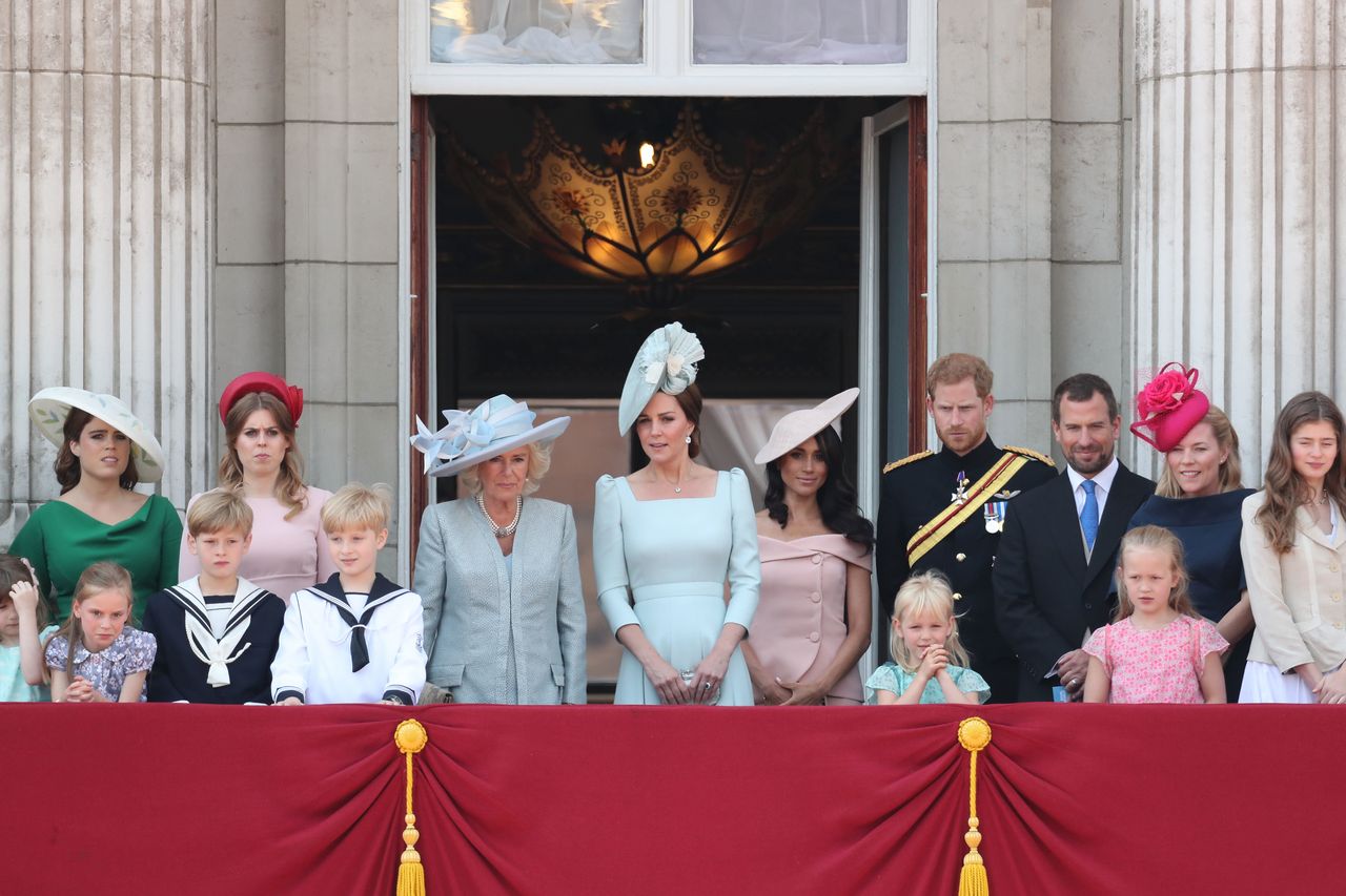 Princess Eugenie, Princess Beatrice, Camilla, Duchess Of Cornwall, Catherine, Duchess of Cambridge, Meghan, Duchess of Sussex, Prince Harry, Duke of Sussex, Peter Phillips, Autumn Phillips, Isla Phillips and Savannah Phillips.