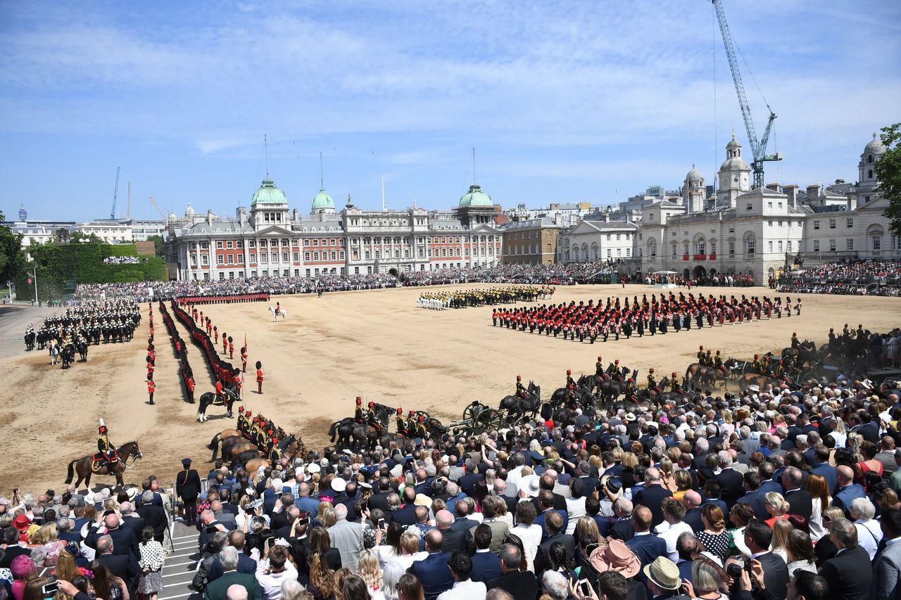 Crowds look on as soldiers of the 1st Battalion Coldstream Guards march during the Trooping the Colour ceremony at Horse Guards Parade.