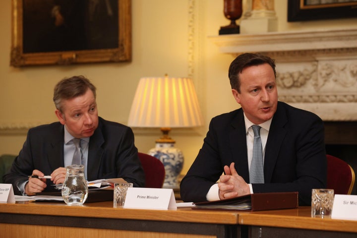 <strong>Michael Gove, here with former Prime Minister David Cameron, who Warsi claims 'radicalised' the leadership </strong>