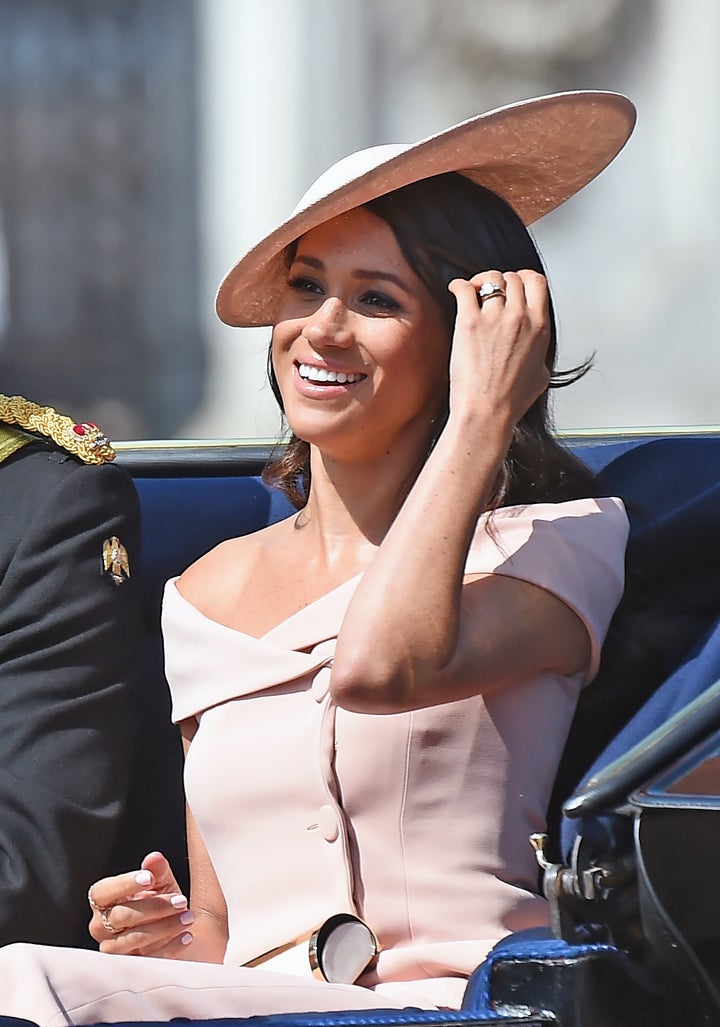 Meghan, Duchess of Sussex, travels in an open carriage to the Trooping the Color ceremony on June 9. 