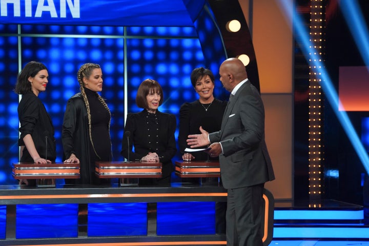 Team Kar-Jenner on “Celebrity Family Feud” with host Steve Harvey.