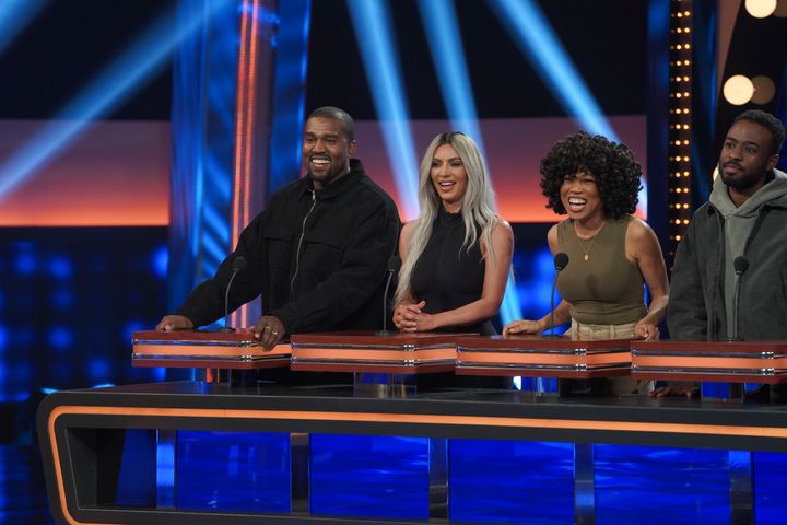 Kanye West, Kim Kardashian and his cousins Kim Wallace and Jalil Peraza on “Celebrity Family Feud.”
