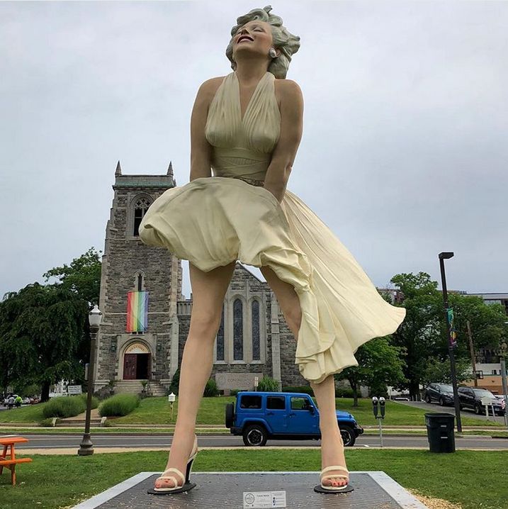 A 26-foot statue of Marilyn Monroe was installed in front of a church in Stamford, Connecticut, last week.