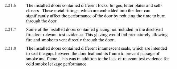 A section from Barbara Lane's report underlining faults with doors at Grenfell.