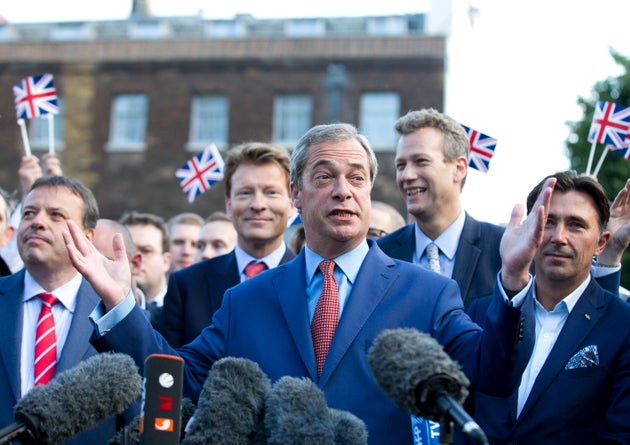 Banks (far-left), Farage and Wigmore (far-right) shortly after the EU referendum in 2016.