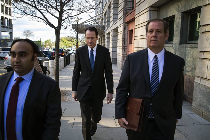 AT&T CEO and Chairman Randall Stephenson exits federal court in April.