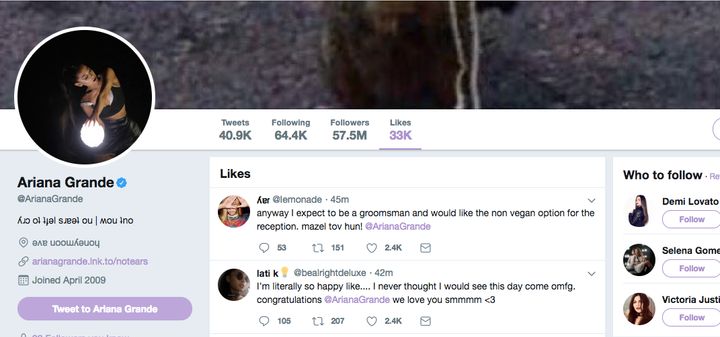 Screenshots of the tweets Ariana Grande "liked" that referred to her engagement news.
