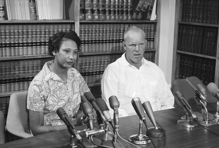 Mildred and Richard Loving answer questions at a June 1967 news conference the day after the Supreme Court ruled in their favor in Loving v. Virginia.