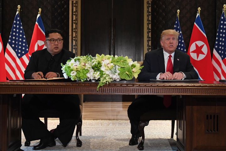 President Donald Trump speaks at a signing ceremony with North Korea's leader Kim Jong Un on June 12, 2018.