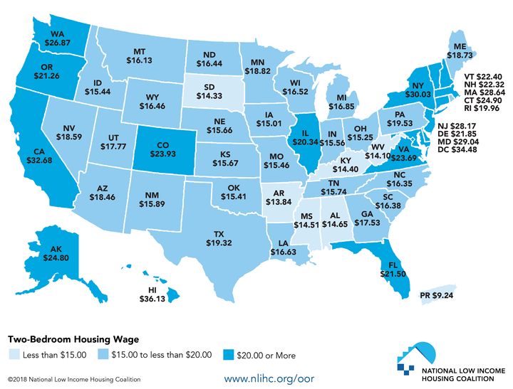 A map showing the hourly wage a household must earn (working 40 hours a week, 52 weeks a year) to afford the fair market rate for a two-bedroom rental home without paying more than 30 percent of their income.