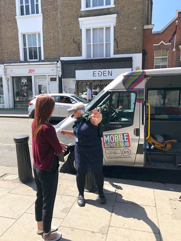 NHS staff on Portobello Road try out the virtual reality headsets.