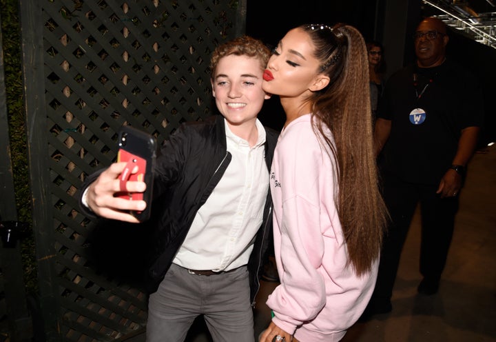 Ryan McKenna and Ariana Grande pose for a selfie backstage at the 2018 iHeartRadio Wango Tango festival on June 2.