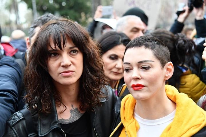 Asia Argento, left, and Rose McGowan take part in a #MeToo demonstration in Rome on March 8, as part of International Women’s Day. 