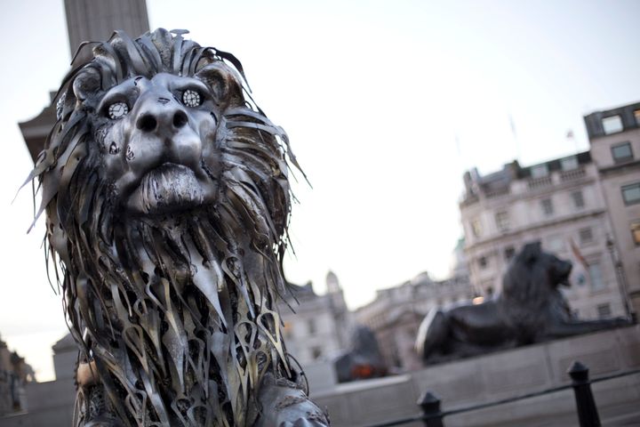 A lion statue, in Trafalgar Square, London, was sculpted from clock parts as a warning of possible extinction of the species within our lifetime