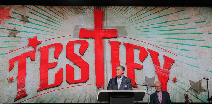 Steve Gaines, president of the Southern Baptist Convention, presides at the annual meeting Tuesday in Dallas.