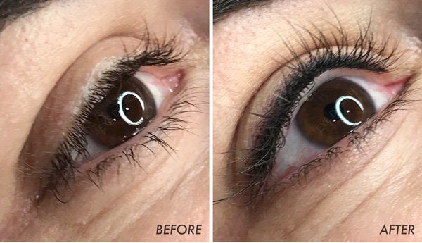 A client before and after getting her eyeliner applied with a soft-edge effect.