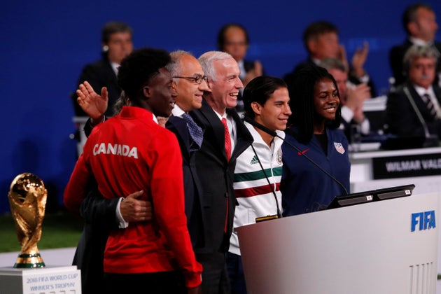 Officials, supporting the joint bid of United States, Canada and Mexico to host the 2026 FIFA World Cup, take part in a presentation during the 68th FIFA Congress in Moscow.