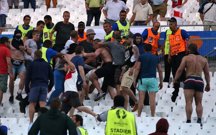 Russian football fans clash with England supporters at Stade Velodrome in Marseille in June 2016