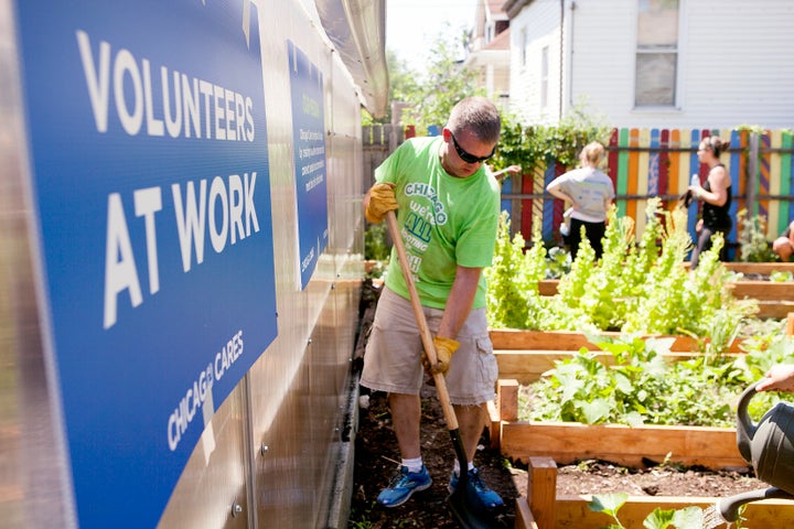 Chicago Cares volunteers work in a community garden.