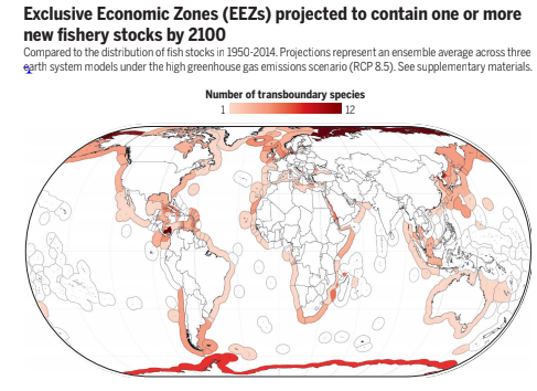 A chart from the study shows exclusive national fishing areas where species of commercially-important fish are expected to migrate in the coming decades. The areas shaded darker red indicate a higher number of newly arrived species. 