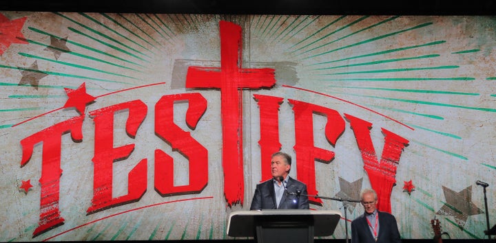 Dr. Steve Gaines, leader of the Southern Baptist Convention, presides at the denomination's annual meeting on Tuesday, June 12, 2018 in Dallas, Texas.