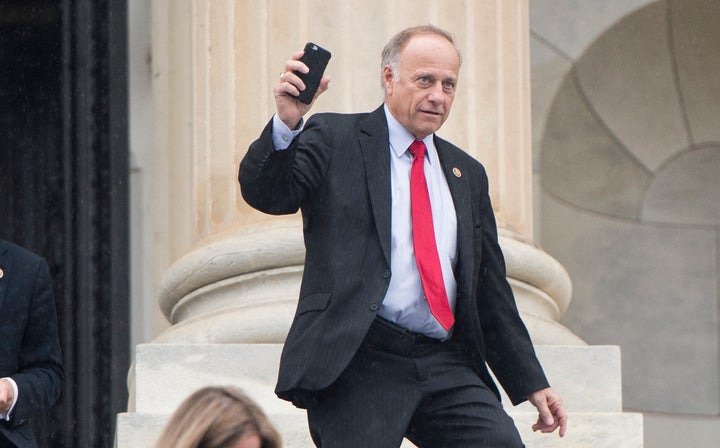 Rep. Steve King (R-Iowa) leaves the U.S. Capitol in 2015. On Wednesday, he repeatedly sidestepped questions about retweeting white supremacists' remarks.