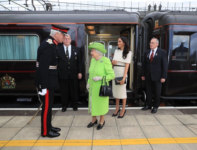 Queen Elizabeth II and the Duchess of Sussex arrive by Royal Train at Runcorn Station to carry out engagements in Cheshire.