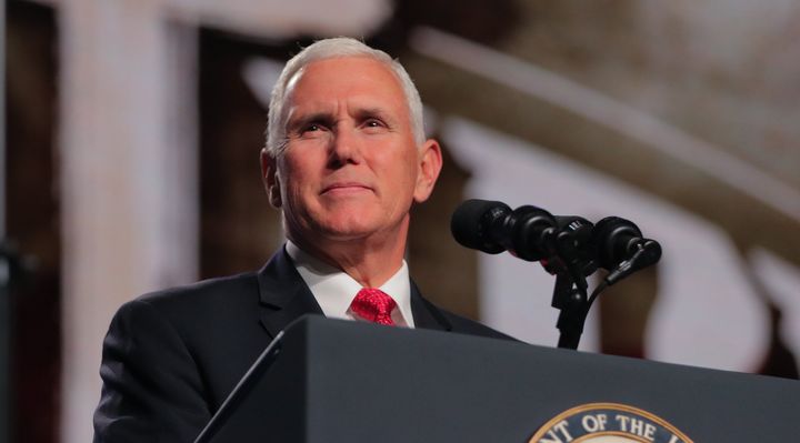 Vice President Mike Pence addresses the Southern Baptist Convention’s annual meeting on June 13 in Dallas. He has dutifully rejected misconduct allegations against the president while feigning offense that the news media would dare to suggest such things.