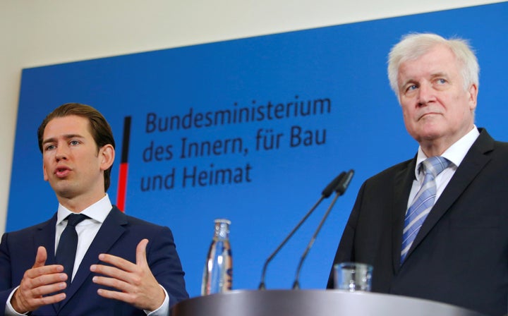 German Interior Minister Horst Seehofer and Austrian Chancellor Sebastian Kurz attend a news conference in Berlin on June 13.