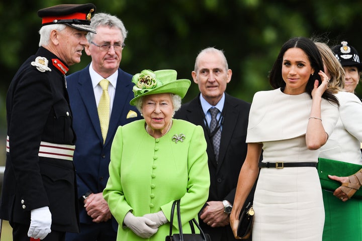 The queen and duchess arrive to open the Mersey Gateway Bridge in Cheshire, England, on June 14.