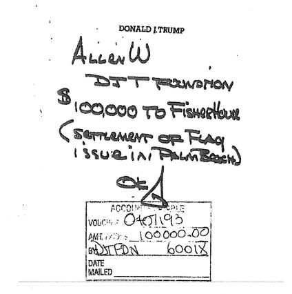 A handwritten note from Donald Trump directed his staff to take $100,000 from his charitable foundation to pay off a settlement in 2007.