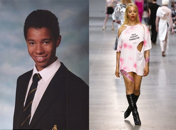 Munroe in school, left, and modeling. 