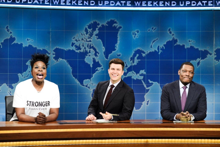 Leslie Jones, left, joins Colin Jost and Michael Che on the May 5 "Weekend Update" segment of "Saturday Night Live."