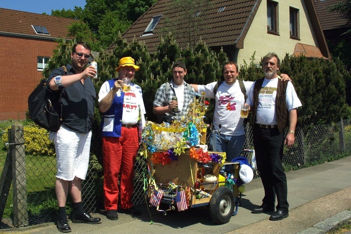 German men with their celebratory wagon on Vatertag.