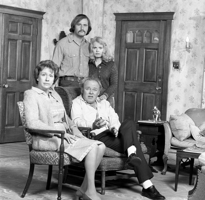 Jean Stapleton as Edith Bunker, Rob Reiner as Michael "Meathead" Stivic and Sally Struthers as Gloria Bunker-Stivic with Carr